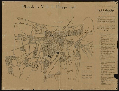 Plan de la ville de Dieppe indiquant les destructions et bombardements subis de 1939 à 1945
