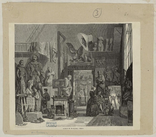 Gravure représentant l'atelier de Dantan ainé , auteur de la statue de Duquesne.