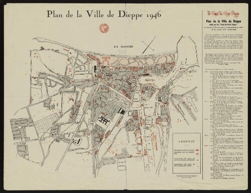 Plan de la ville de Dieppe indiquant les destructions et bombardements subis de 1939 à 1946