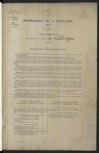 Dénombrement de la population 1876 - Etat nominatif des habitants de la commune de Dieppe